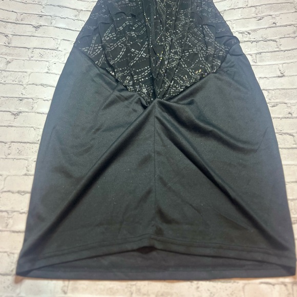 Banjul Floor Length Formal Black Mesh Sheer Spaghetti Strap Dress w/ Rhinestone - Picture 4 of 9